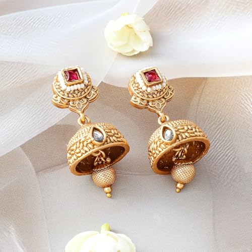 Rubans Women 24K Gold-Plated Ruby & Kundan Studded Floral Design Traditional Necklace Set with Jhumkas - Image 2