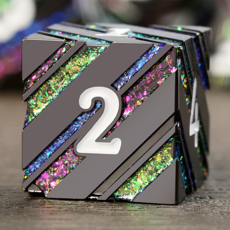 DNDND Colorful Stripe Metal Dice Full Set Glitter Stripes Metallic DND Dice with Gift Metal Case for Dungeons and Dragons Tabletop Game Colorful Stripes with Black - Image 3