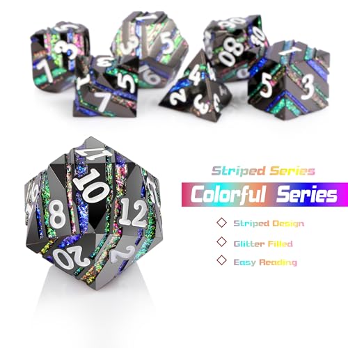 DNDND Colorful Stripe Metal Dice Full Set Glitter Stripes Metallic DND Dice with Gift Metal Case for Dungeons and Dragons Tabletop Game Colorful Stripes with Black - Image 5