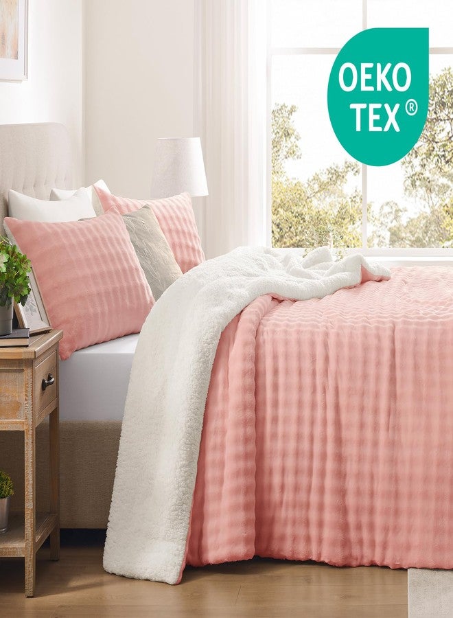 downluxe Fluffy Sherpa & Fleece Puff Grid Comforter Set King - Light Pink 3 Pieces Bedding, Super Soft Warm Bed Set for Winter (1 Comforter, 2 Pillowcases) - Image 4