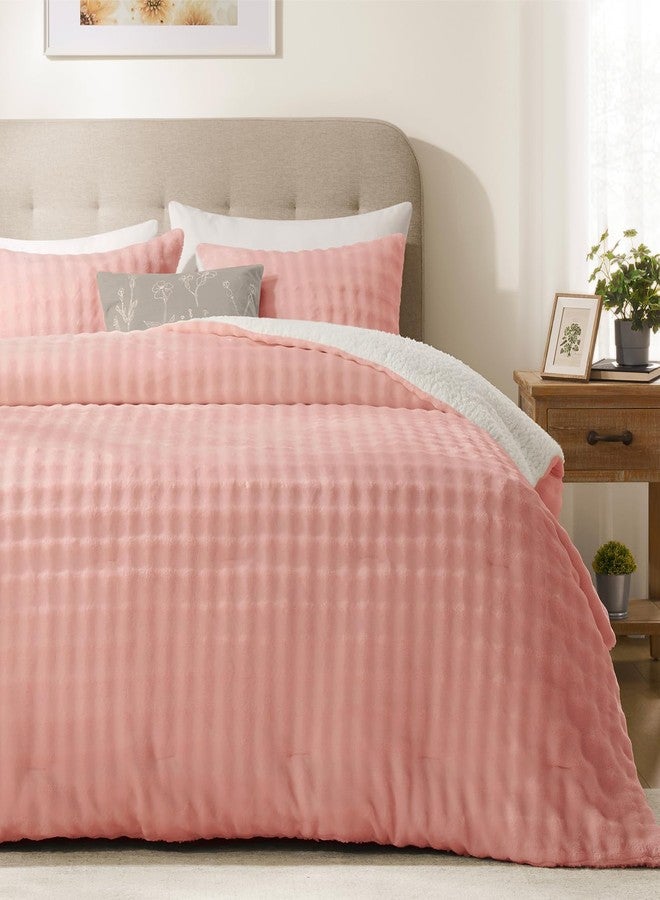 downluxe Fluffy Sherpa & Fleece Puff Grid Comforter Set King - Light Pink 3 Pieces Bedding, Super Soft Warm Bed Set for Winter (1 Comforter, 2 Pillowcases) - Image 2