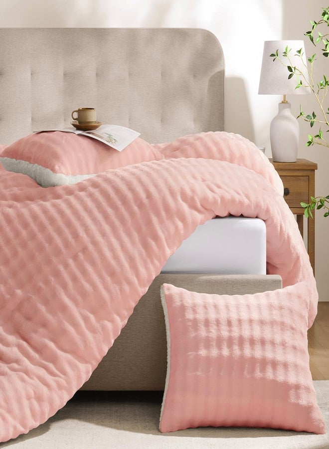 downluxe Fluffy Sherpa & Fleece Puff Grid Comforter Set King - Light Pink 3 Pieces Bedding, Super Soft Warm Bed Set for Winter (1 Comforter, 2 Pillowcases) - Image 3