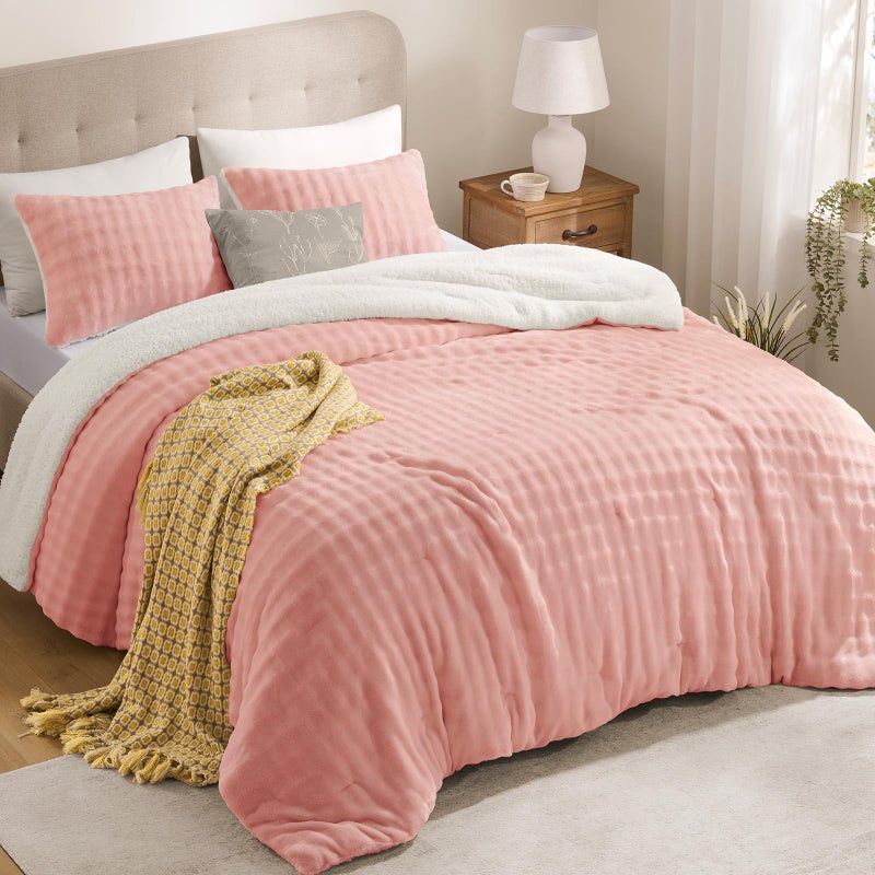 downluxe Fluffy Sherpa & Fleece Puff Grid Comforter Set King - Light Pink 3 Pieces Bedding, Super Soft Warm Bed Set for Winter (1 Comforter, 2 Pillowcases) - Image 1