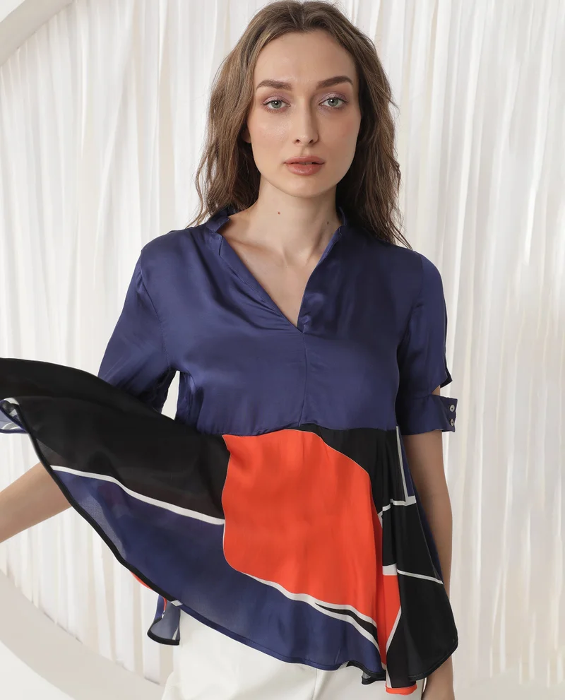 Rareism Women's Abstract Print A Line Satin Top