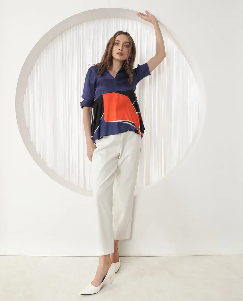 Rareism Women's Abstract Print A Line Satin Top
