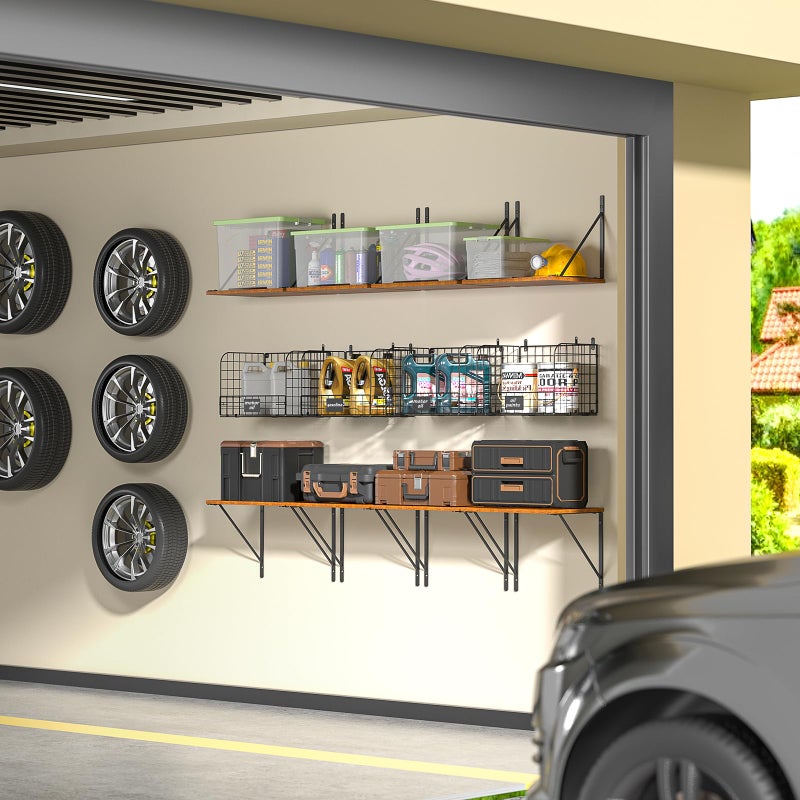 ThreeHio 2 Pack Garage Shelves Wall Mounted with Wire Storage baskets, Heavy Duty Garage Wall Shelving with Hooks, Wooden floating shelves Tool Organizer for Home Garden Garage Organizers and Storage - Image 2