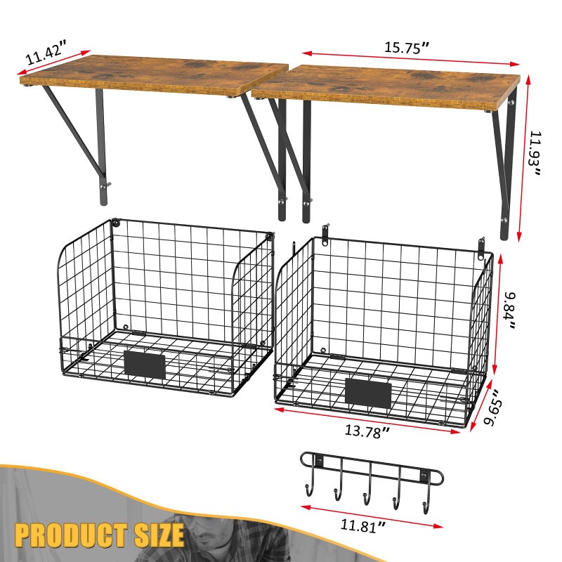 ThreeHio 2 Pack Garage Shelves Wall Mounted with Wire Storage baskets, Heavy Duty Garage Wall Shelving with Hooks, Wooden floating shelves Tool Organizer for Home Garden Garage Organizers and Storage - Image 3