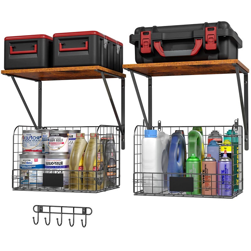 ThreeHio 2 Pack Garage Shelves Wall Mounted with Wire Storage baskets, Heavy Duty Garage Wall Shelving with Hooks, Wooden floating shelves Tool Organizer for Home Garden Garage Organizers and Storage - Image 1