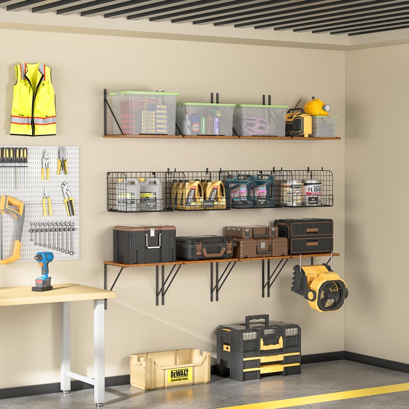 ThreeHio 2 Pack Garage Shelves Wall Mounted with Wire Storage baskets, Heavy Duty Garage Wall Shelving with Hooks, Wooden floating shelves Tool Organizer for Home Garden Garage Organizers and Storage - Image 5