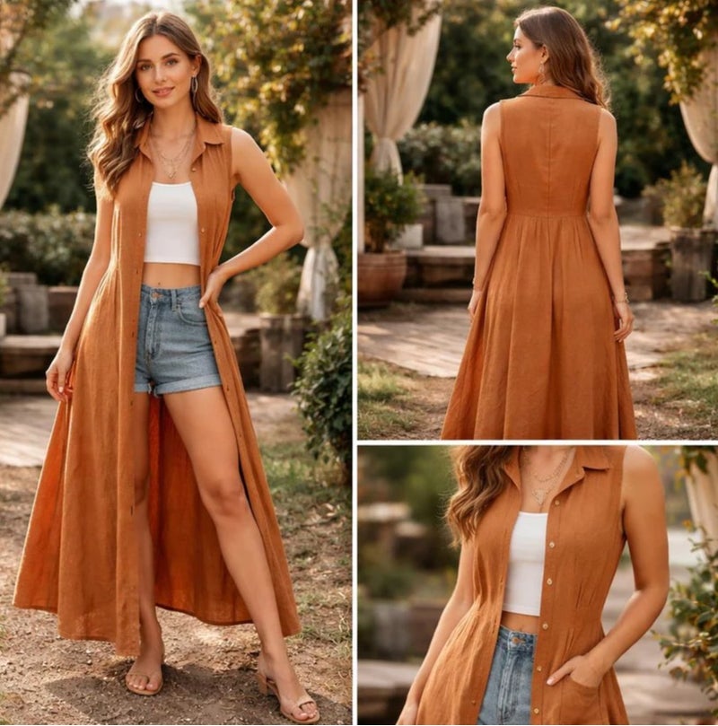 Aroma Aura Women’s Rust Brown Sleeveless Button Down Long Maxi Shirt Dress with White Sleeveless Crop Tank Top - Image 1