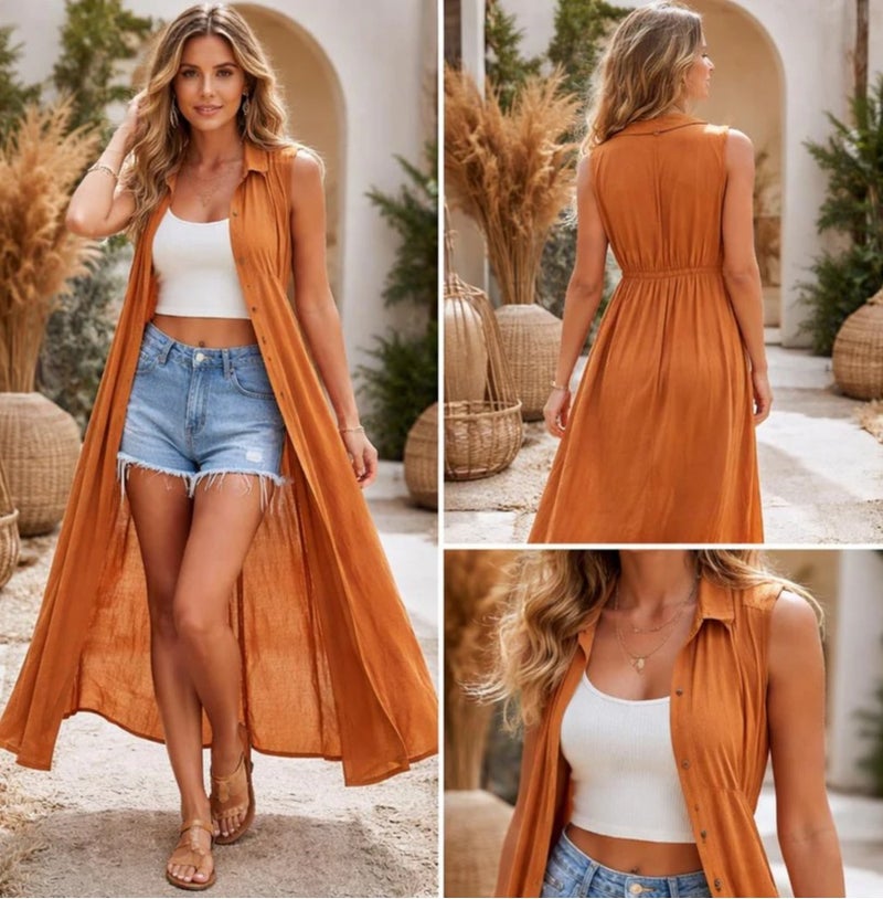 Aroma Aura Women’s Rust Brown Sleeveless Button Down Long Maxi Shirt Dress with White Sleeveless Crop Tank Top - Image 2
