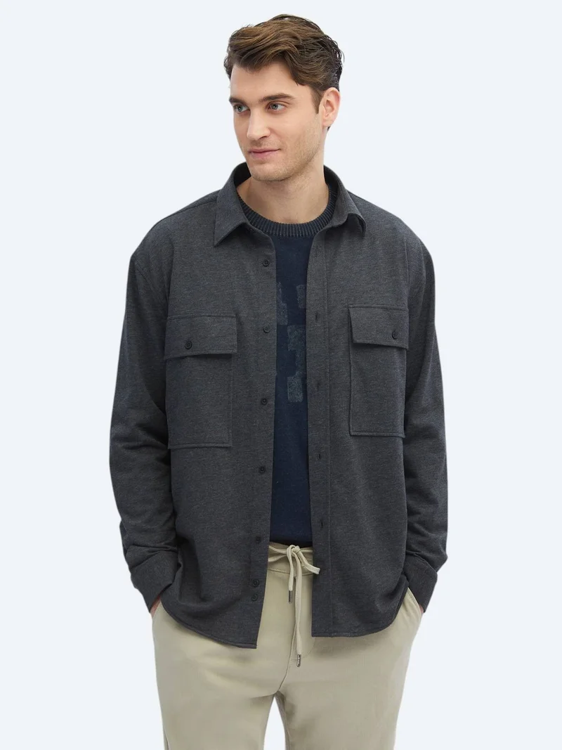 Kip Hard Coal Plain Oversize Fit Long Knitting Casual Cotton Blended Shirt