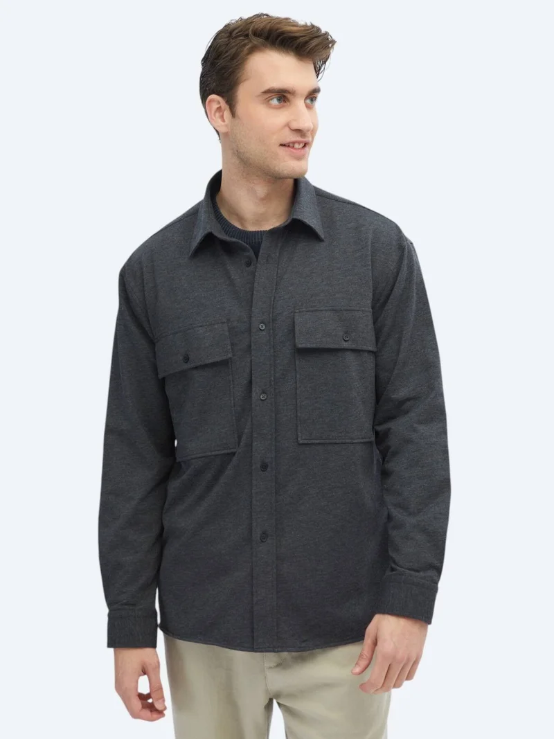 Kip Hard Coal Plain Oversize Fit Long Knitting Casual Cotton Blended Shirt