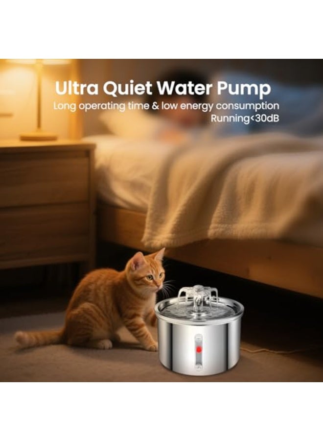 Necomi Stainless Steel Cat Water Fountain, 67oz/2L Automatic Pet Water Dispenser with Replacement Filters, Ultra Quiet Pump and Water Level Window (Silver) - Image 5