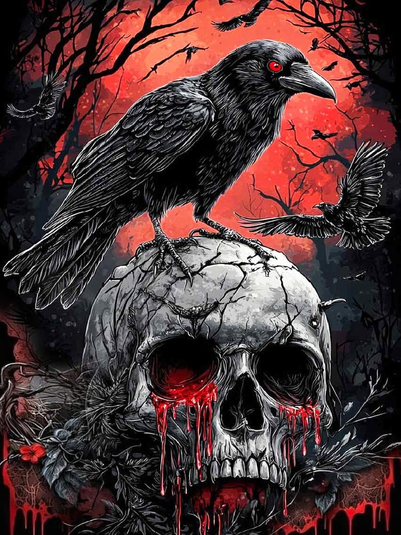 Mrnsiet Helloween Crow Diamond Painting Kits for Adults, 5D Skull with Blood Horror Diamond Art Kits for Beginners, DIY Full Drill Diamond Kits Gem Arts Crafts for Home Wall Decor 12 x 16 Inch - Image 1