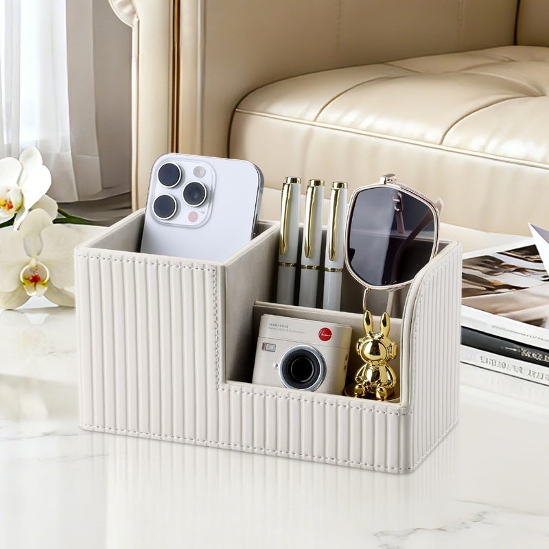 KINGFOM Desk Pen Organizer Office Supplies Caddy Pu Leather Multi-function Storage Box Pen/Pencil,Cell phone, Business Name Cards Remote Control Holder (Ivory White) - Image 2