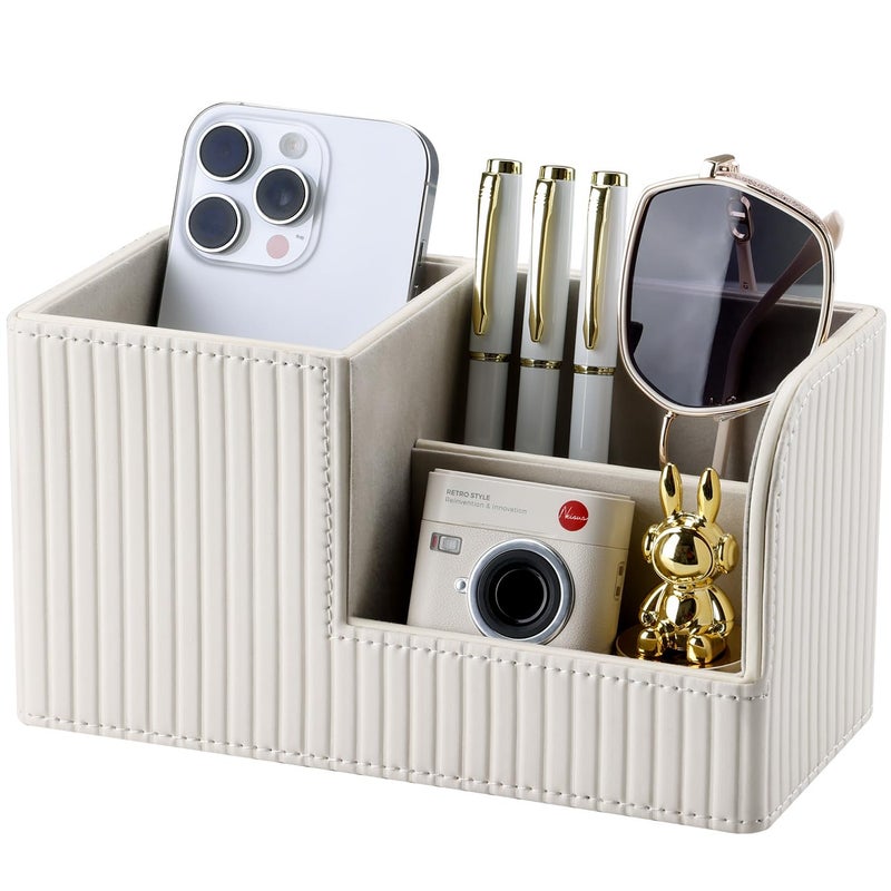 KINGFOM Desk Pen Organizer Office Supplies Caddy Pu Leather Multi-function Storage Box Pen/Pencil,Cell phone, Business Name Cards Remote Control Holder (Ivory White) - Image 1
