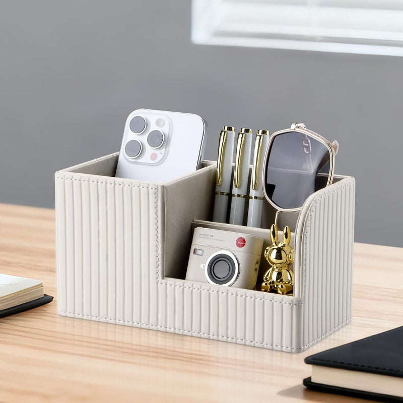 KINGFOM Desk Pen Organizer Office Supplies Caddy Pu Leather Multi-function Storage Box Pen/Pencil,Cell phone, Business Name Cards Remote Control Holder (Ivory White) - Image 5