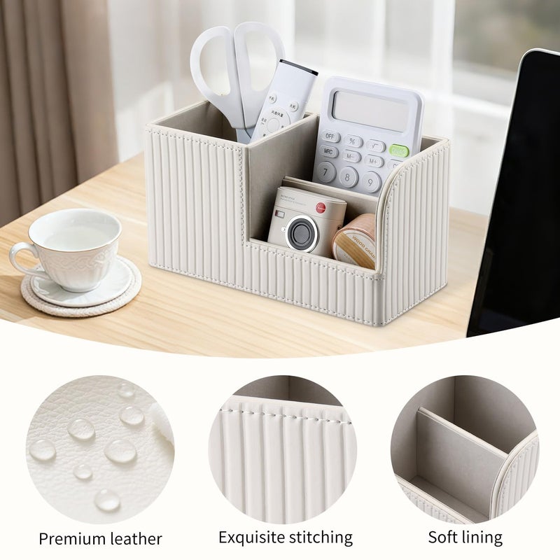 KINGFOM Desk Pen Organizer Office Supplies Caddy Pu Leather Multi-function Storage Box Pen/Pencil,Cell phone, Business Name Cards Remote Control Holder (Ivory White) - Image 4