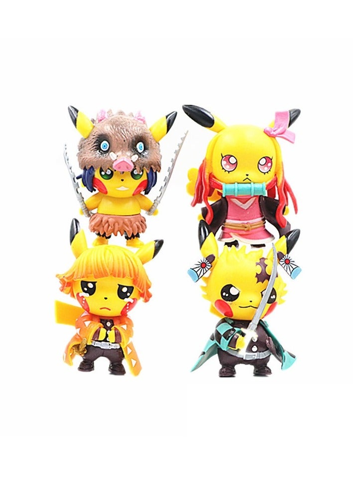 4-Piece Demon Slayer Series Figures,Lovely Pikachu dressed as Demon Slayer Doll Decorative Toy  - Image 2