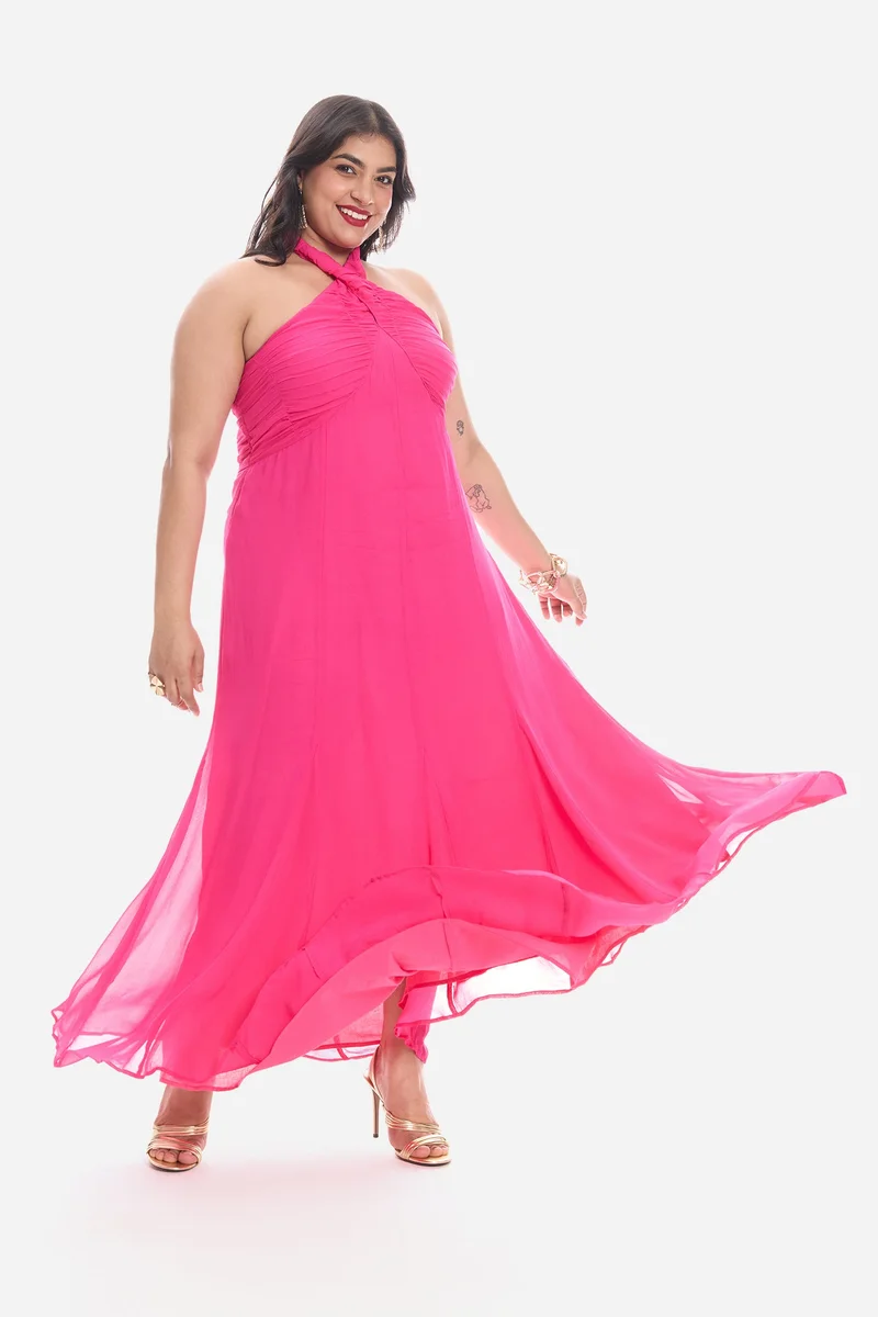 فيرجيو Solid Viscose Halter Neck Maxi Plus Size Dress for Women