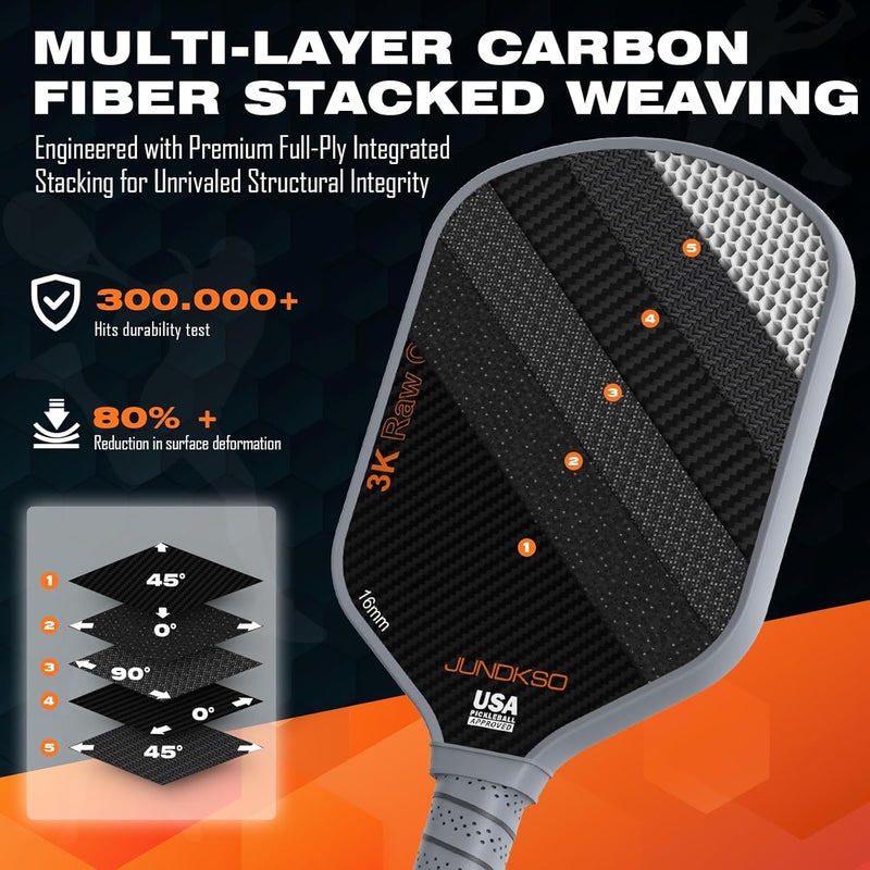 JUNDKSO Professional Pickleball Paddle - T700 Carbon Fiber with 3K Raw Carbon Surface - Image 3