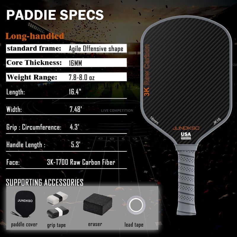 JUNDKSO Professional Pickleball Paddle - T700 Carbon Fiber with 3K Raw Carbon Surface - Image 5
