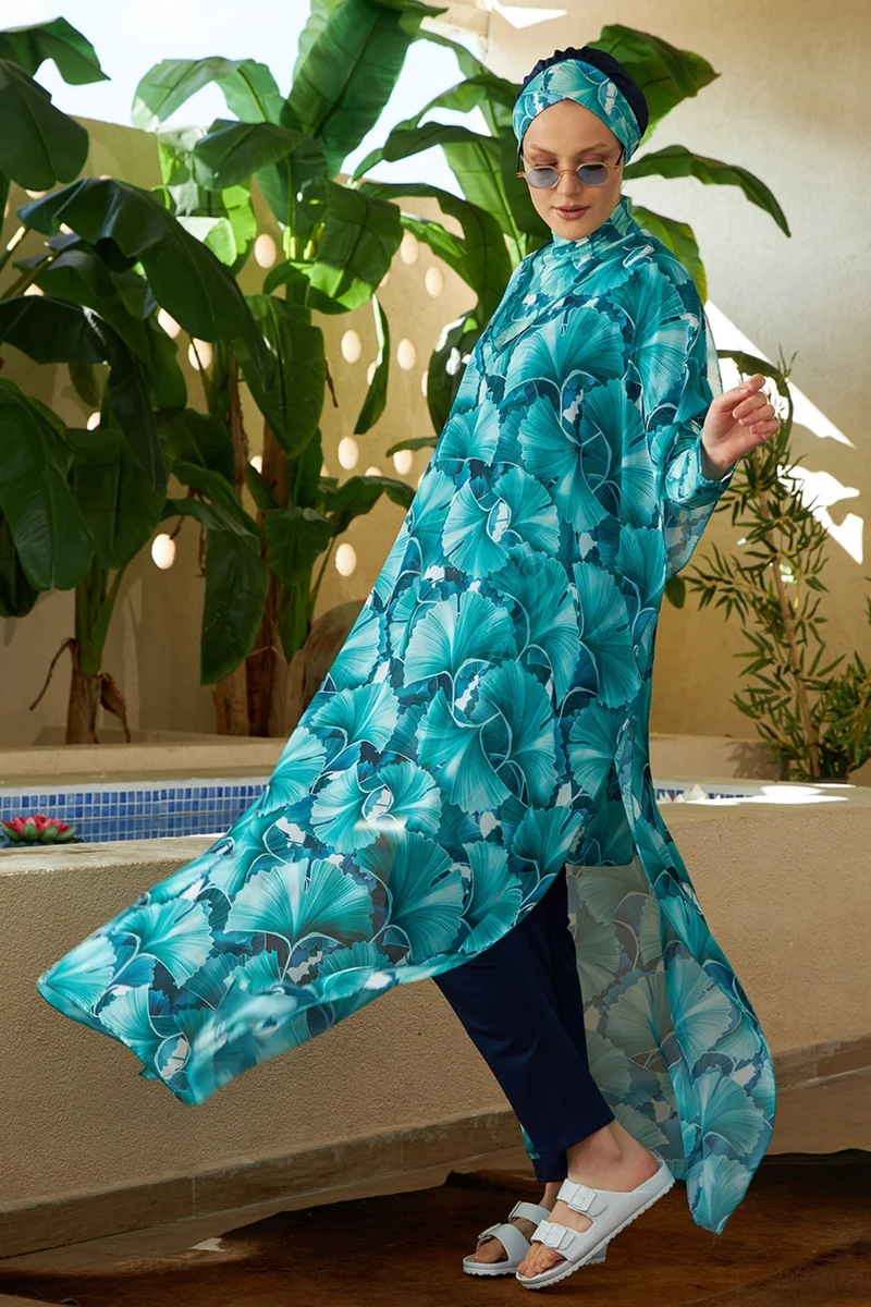 Remsa Mayo Hijab Swimsuit Patterned Single Kaftan Pareo Hawaii 430-133 Green