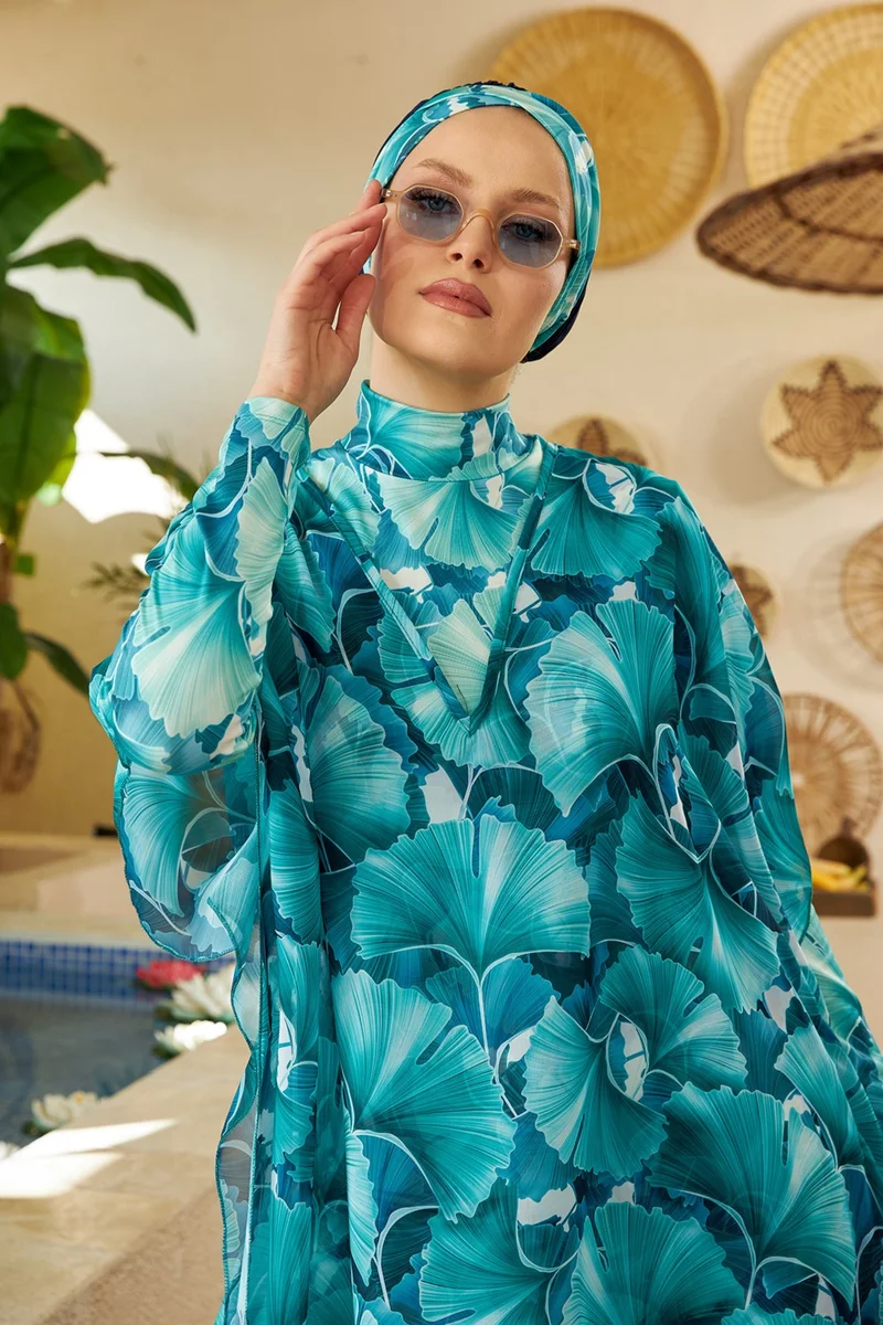 Remsa Mayo Hijab Swimsuit Patterned Single Kaftan Pareo Hawaii 430-133 Green