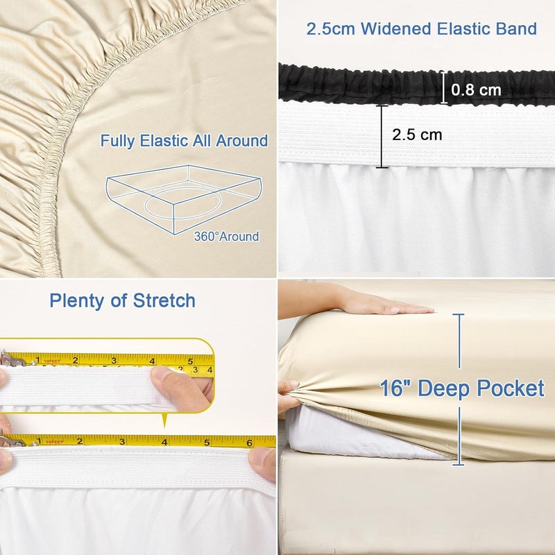 PHF ملاءة سرير بحجم كينغ (199 سم × 200 سم) 100% رايون مستخرج من الخيزران، مثالية للنوم في الأجواء الحارة، بعمق 40 سم مع جيب عميق مرن قوي بعرض 2.5 سم، ناعمة وذات ملمس حريري وقابلة للتنفس، كريمي - Image 5