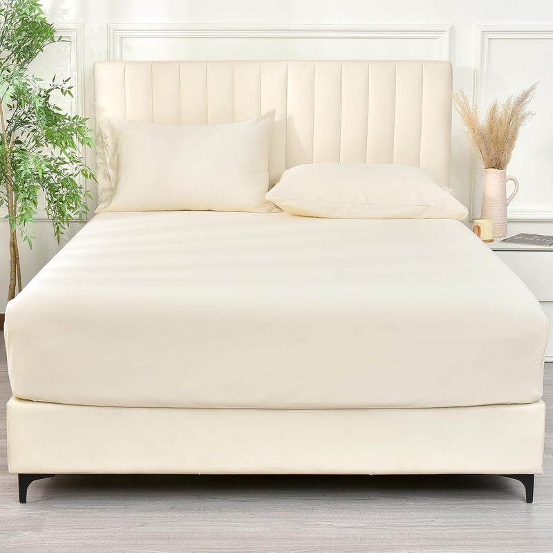 PHF ملاءة سرير بحجم كينغ (199 سم × 200 سم) 100% رايون مستخرج من الخيزران، مثالية للنوم في الأجواء الحارة، بعمق 40 سم مع جيب عميق مرن قوي بعرض 2.5 سم، ناعمة وذات ملمس حريري وقابلة للتنفس، كريمي - Image 1