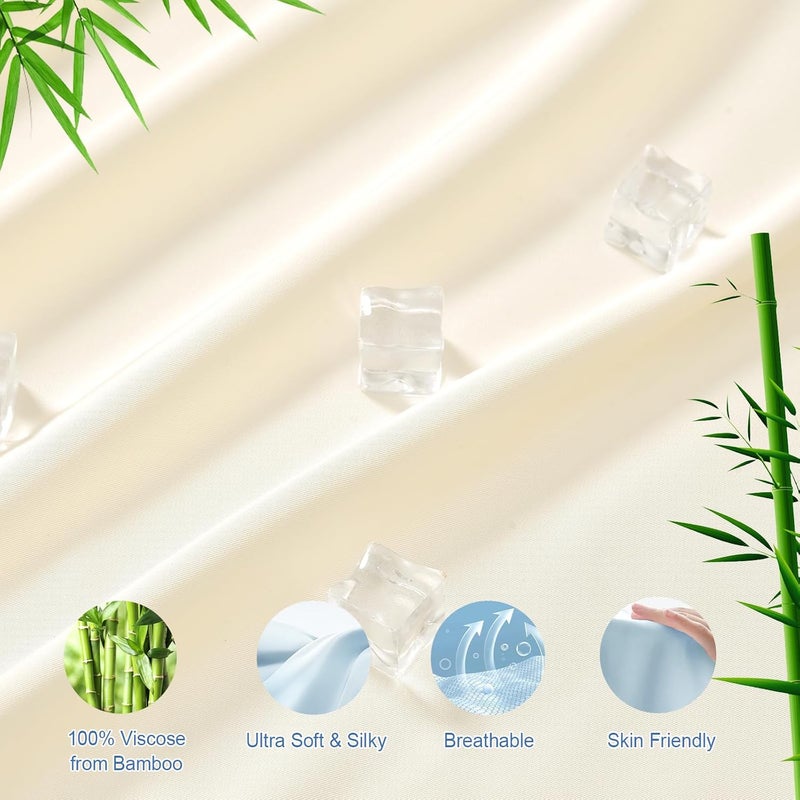 PHF ملاءة سرير بحجم كينغ (199 سم × 200 سم) 100% رايون مستخرج من الخيزران، مثالية للنوم في الأجواء الحارة، بعمق 40 سم مع جيب عميق مرن قوي بعرض 2.5 سم، ناعمة وذات ملمس حريري وقابلة للتنفس، كريمي - Image 2