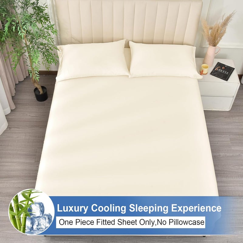 PHF ملاءة سرير بحجم كينغ (199 سم × 200 سم) 100% رايون مستخرج من الخيزران، مثالية للنوم في الأجواء الحارة، بعمق 40 سم مع جيب عميق مرن قوي بعرض 2.5 سم، ناعمة وذات ملمس حريري وقابلة للتنفس، كريمي - Image 3