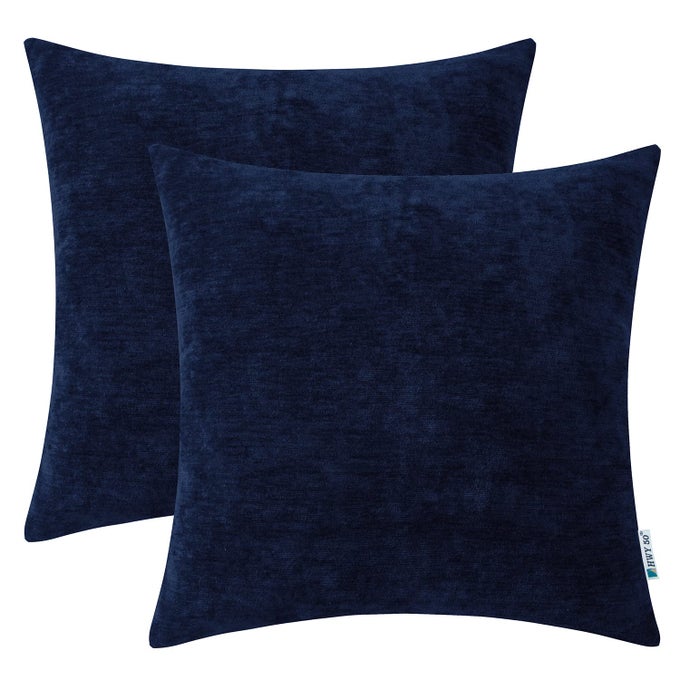 DARK NAVY BLUE THROW PILLOWS COVERS 18X18 INCH FOR COUCH SOFA LIVING ROOM BED CHENILLE SOFT COMFY SOLID DECORATIVE SQUARE THROW PILLOW CASES SET CUSHION COVER PACK OF 2