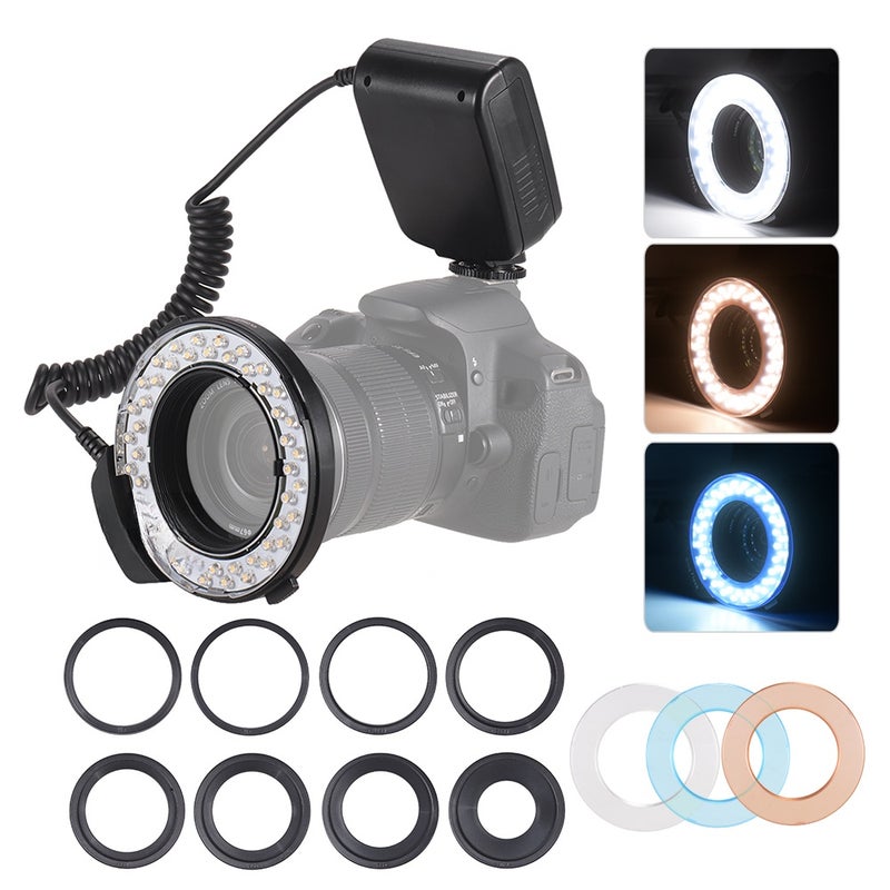 HD-130 Macro LED Ring Flash Light LCD Display 3000-15000K GN46 Power Control with 3 Flash Diffusers 8 Adapter Rings for Cameras - Image 1