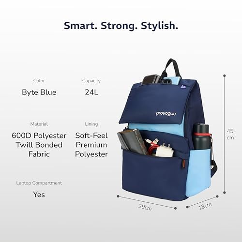 Provogue Plyn 24 litres everyday backpack bag for man with 15.6 inch laptop compartment, stylish contemporary daily use college, office & outdoor backpack bags for women with organiser (Byte Blue) - Image 5