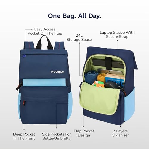 Provogue Plyn 24 litres everyday backpack bag for man with 15.6 inch laptop compartment, stylish contemporary daily use college, office & outdoor backpack bags for women with organiser (Byte Blue) - Image 2