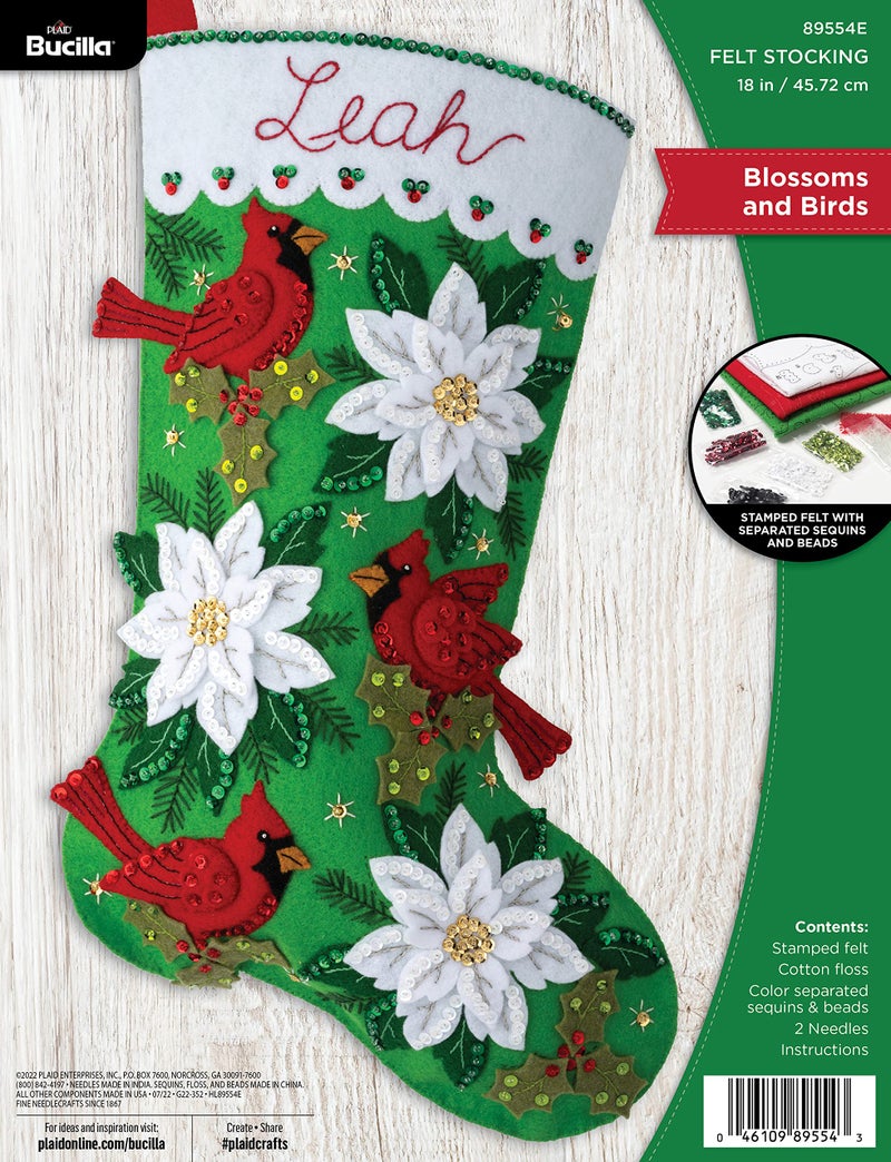 Bucilla Felt Applique 18 Stocking Making Kit Blossoms and Birds Perfect for DIY Arts and Crafts 89554E - Image 2