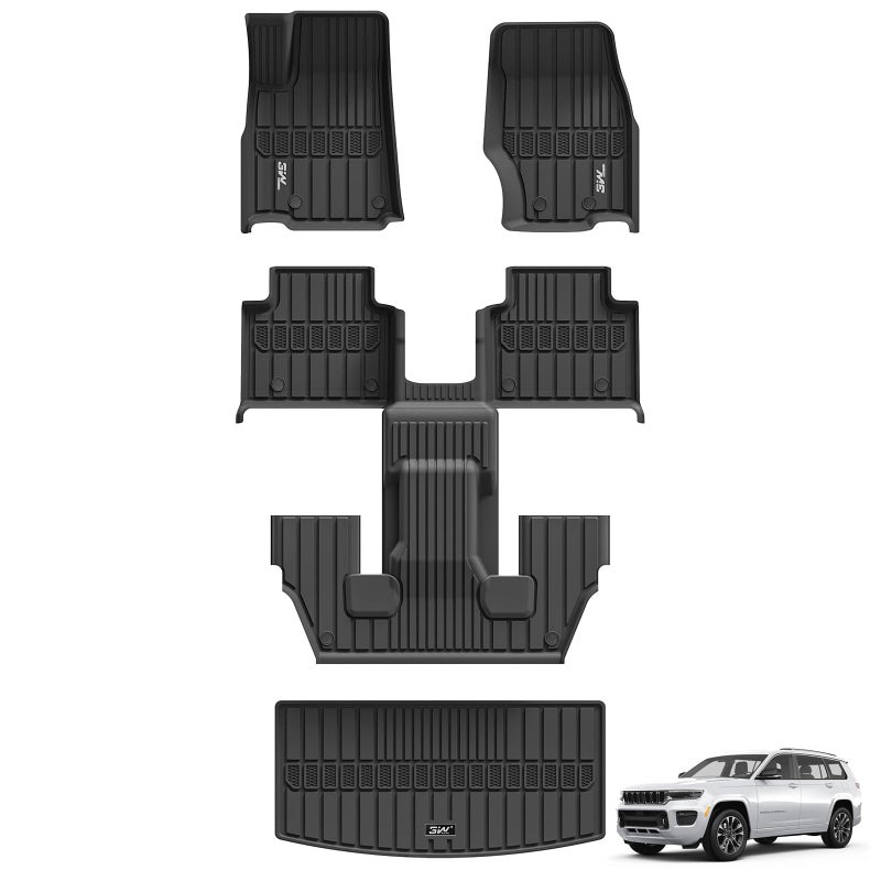 3W Floor Mats Cargo Liner Fit for Jeep Grand Cherokee L 20212025 All Weather TPE Custom Fit Floor Liner for 13 Rows and Trunk ONLY for 6Passenger Without Center Console Full Set Car Mats Black