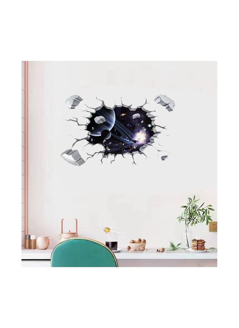 Generic 1-Piece 3D Space Planet Pattern Sticker,Broken Wall Window View Effect Removable Sticker,Art Decor Mural  - Image 3
