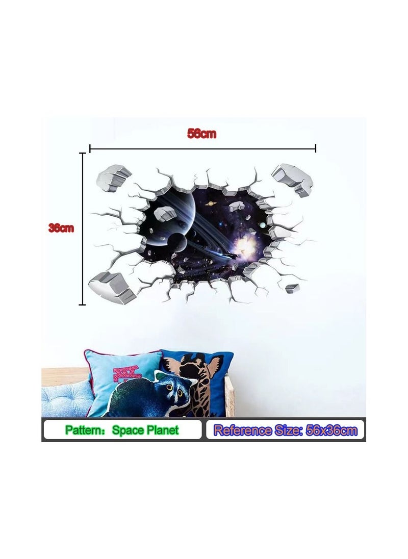 Generic 1-Piece 3D Space Planet Pattern Sticker,Broken Wall Window View Effect Removable Sticker,Art Decor Mural  - Image 1