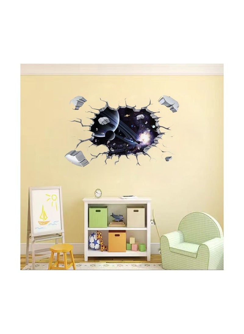 Generic 1-Piece 3D Space Planet Pattern Sticker,Broken Wall Window View Effect Removable Sticker,Art Decor Mural  - Image 2