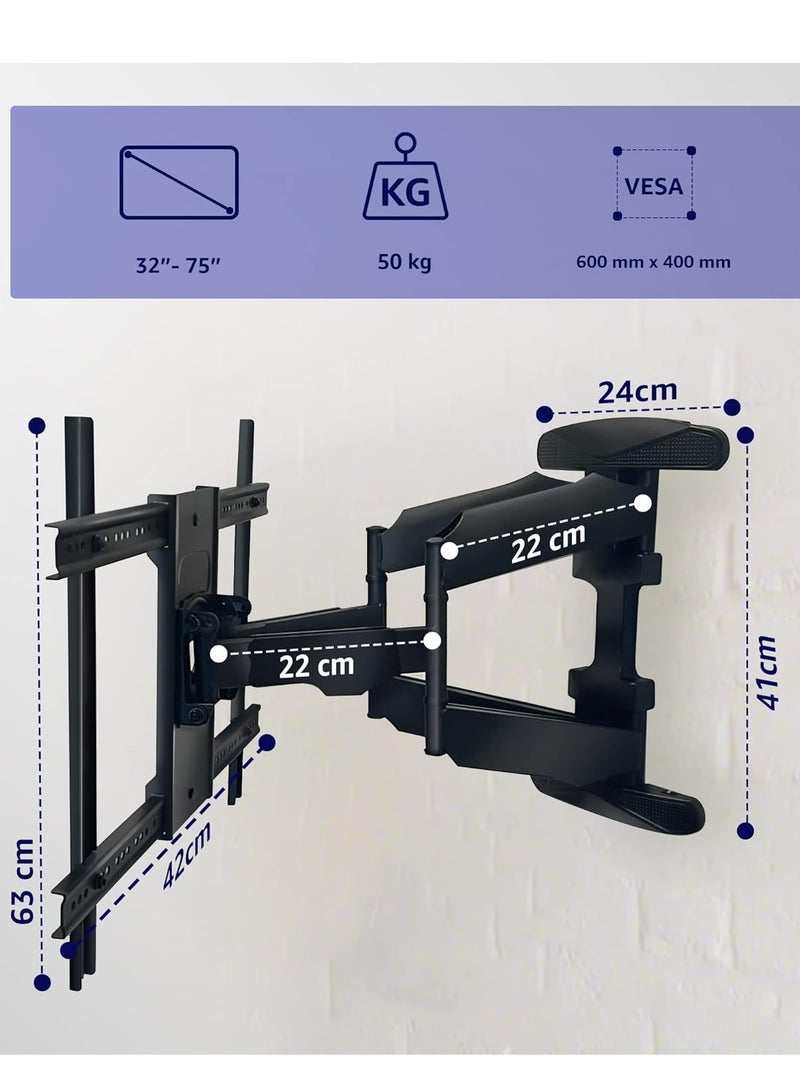 ELTRAZONE Adjustable, Tilting and Swivelling TV Wall Mount VESA 400 x 600 Max (32-75 Inches) - 50 kg Max TV Bracket for Curved Flat TVs and Monitors - TV Mount, Tilt, Swivel - Image 4