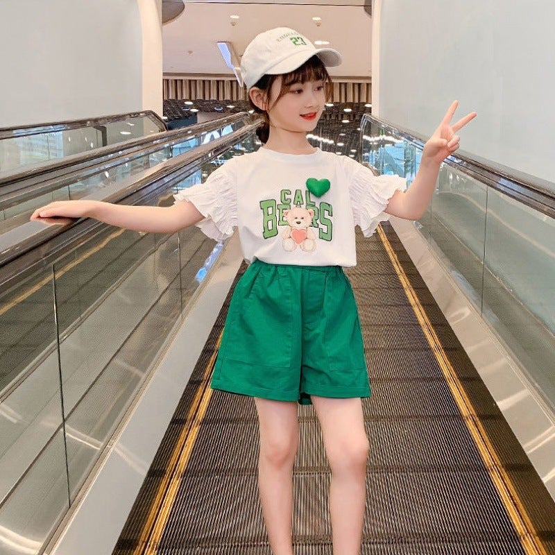 Summer Girls Fashion Suit, Summer Suit, Medium and Large Childrens Ruffled Short-Sleeved Tops, Wide-Leg Shorts, Sportswear Two-Piece Set Green