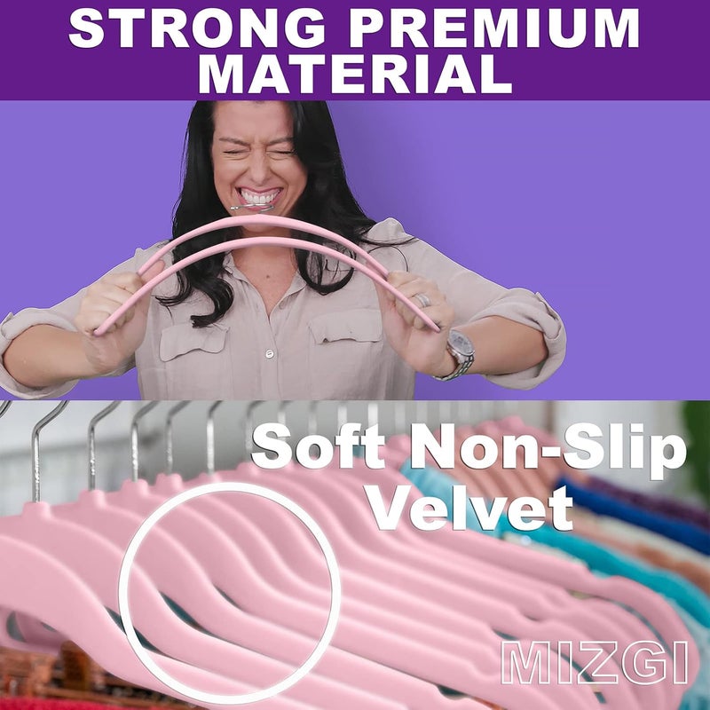 MIZGI Premium Velvet Hangers (Pack of 50) Heavyduty - Non Slip - Velvet Suit Hangers Light Pink - Chrome Hooks,Space Saving Clothes Hangers, One Size - Image 2