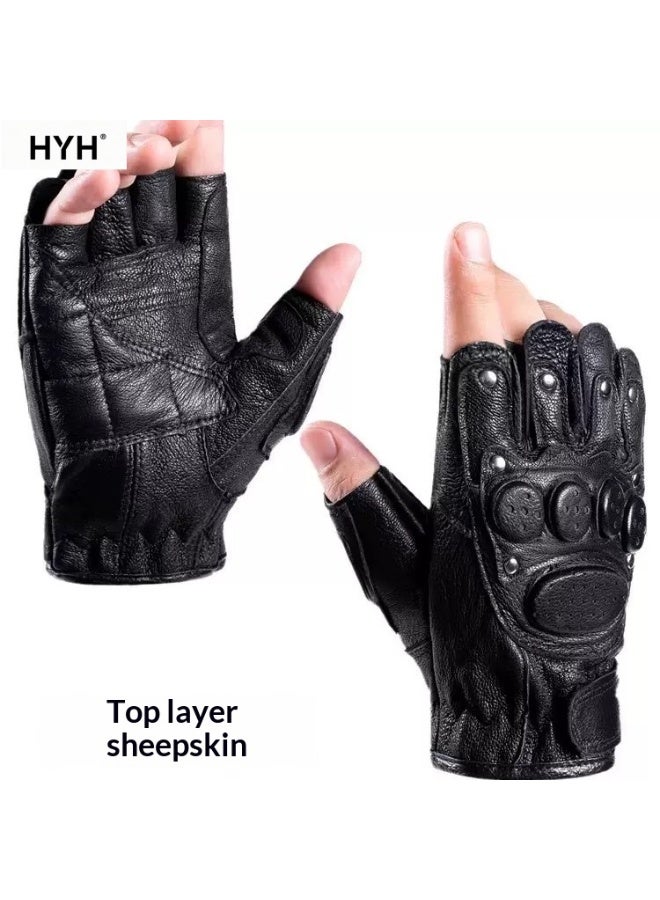 HYH Men's Genuine Sheepskin Half Finger Gloves, Non-Slip Tactical Gloves for Motorcycle Riding, Driving & Outdoor Training, All-season Leather Fingerless Gloves - Image 1