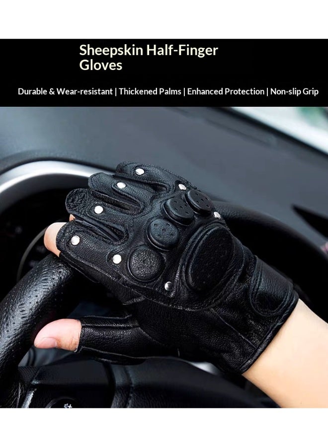 HYH Men's Genuine Sheepskin Half Finger Gloves, Non-Slip Tactical Gloves for Motorcycle Riding, Driving & Outdoor Training, All-season Leather Fingerless Gloves - Image 2