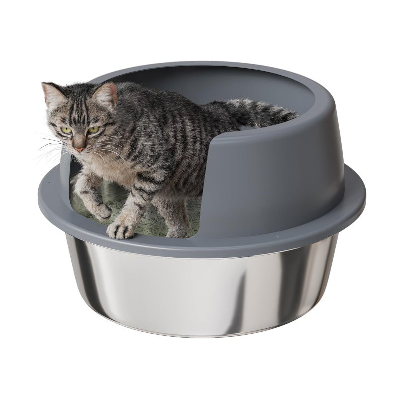 Booche Round HighSided Stainless Steel Cat Litter BoxStainless Steel Litter Box with LidExtra Large BoxEasytoClean Metal Litter Pan for Cats - Image 2