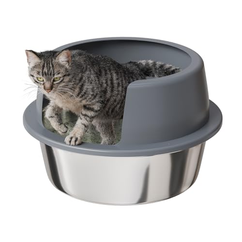 Booche Round HighSided Stainless Steel Cat Litter BoxStainless Steel Litter Box with LidExtra Large BoxEasytoClean Metal Litter Pan for Cats - Image 1