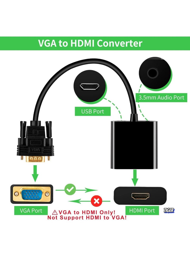 TIGER VGA to HDMI Adapter, 1080P VGA Male to HDMI Female Converter for Computer, Desktop, Laptop, PC, Monitor, Projector, HDTV – Full HD 1080P Output, Plug-and-Play, Audio Support - Image 2